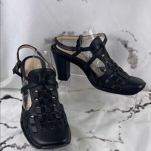 Kenneth Cole Leather Woven Sandals "Take My Weave" Square Toe Chunky Heel